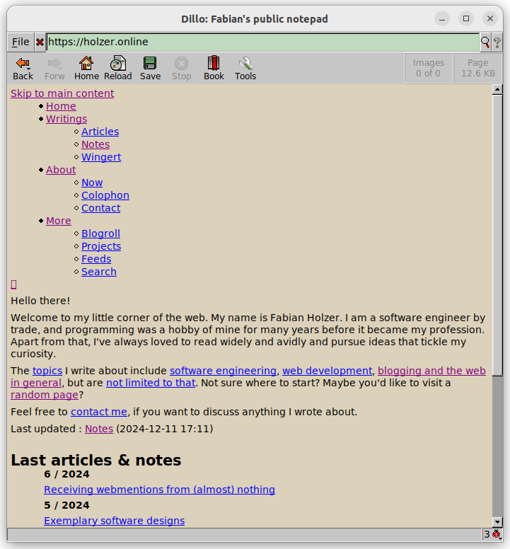 A screenshot of the dillo browser rendering https://holzer.online, CSS disabled