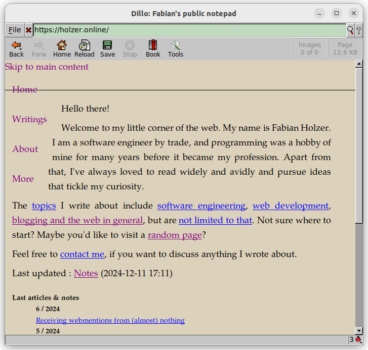 A screenshot of the dillo browser rendering https://holzer.online with CSS